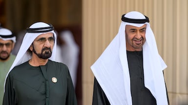 President Sheikh Mohamed with Sheikh Mohammed bin Rashid at Zabeel Palace. Omar Al Askar / UAE Presidential Court