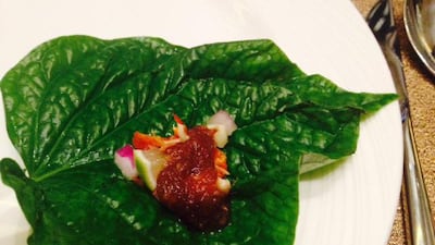 Miang Kham: Thai street food-turned appetiser, which is served on a betel leaf at Pachaylen, the Thai restaurant at Eastern Mangroves Resort & Spa (Photo by Ann Marie McQueen)