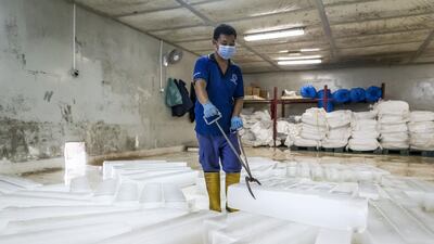 Small ice blocks will be crushed into small chips that will be shipped to a seafood company. Antonie Robertson / The National