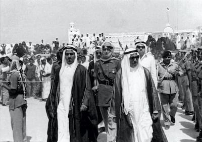 David Neild leads the guard of honour outside the Ruler’s Palace in Sharjah in 1967. On the left of the picture is Sheikh Khalid bin Mohammed Al Qasimi, the Ruler of Sharjah, on the right is Sheikh Sabah Al Salim Al Sabah, the Ruler of Kuwait. Courtesy: Medina Publishing
