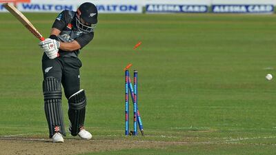 New Zealand's Ajaz Patel is bowled during the first T20 at the Sher-e-Bangla National Stadium in Dhaka. AFP