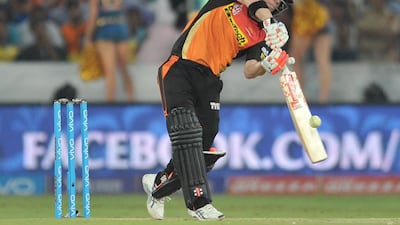 Sunrisers Hyderabad captain David Warner plays a shot. Noah Seelam / AFP