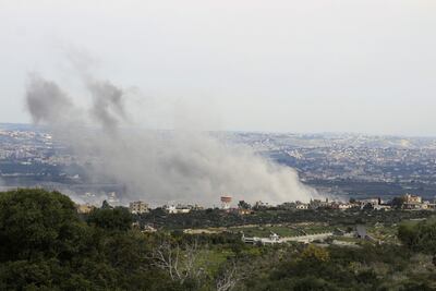 Smoke billows from the site of an Israeli airstrike on the southern Lebanese village of Al-Mansuri on February 27, 2024. AFP