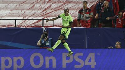 Manchester City’s Fernandinho jumps in celebration after scoring the team’s second goal against Sevilla on Tuesday night. Marcelo Del Pozo / Reuters
