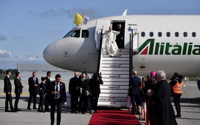 Pope Francis disembarks from the plane on his arrival at Dublin International Airport on August 25, 2018. Getty Images