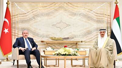 Mustafa Sentop, speaker of the Grand National Assembly of Turkey, meets Saqr Ghobash, the speaker of the Federal National Council (FNC), in Abu Dhabi on Thursday. Wam