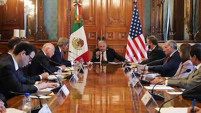 Mexican President Andres Manuel Lopez Obrador, centre, and the US special presidential envoy for climate John Kerry, centre left, during a meeting at the National Palace in Mexico City this week. EPA
