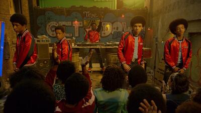 From left, Skylan Brooks, Tremaine Brown Jr, Shameik Moore, Justice Smith, and Jaden Smith star in The Get Down. Courtesy Netflix