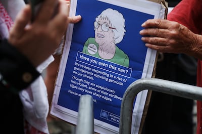 A sign held at the demonstration jokes that most Palestine Action-related arrests have been of older women. Getty Images