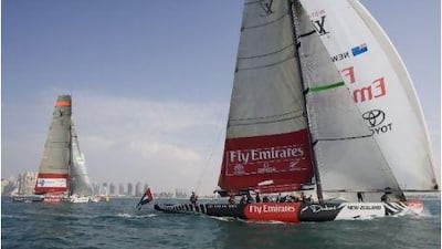 Emirates Team New Zealand practices off the coast of Dubai yesterday in preparation for the Louis Vuitton Trophy yacht race.