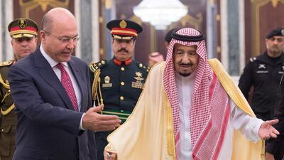 Saudi Arabia's King Salman bin Abdulaziz Al Saud meets with Iraq's President Barham Salih during his visit in Riyadh, Saudi Arabia, November 18, 2018. Reuters
