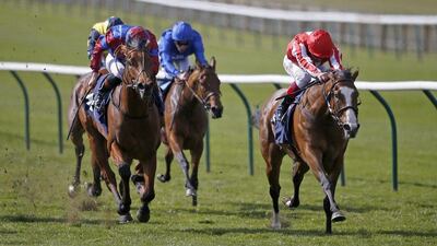 Frankie Dettori riding Daban win the Nell Gwyn Stakes at Newmarket Racecourse. Alan Crowhurst / Getty Images