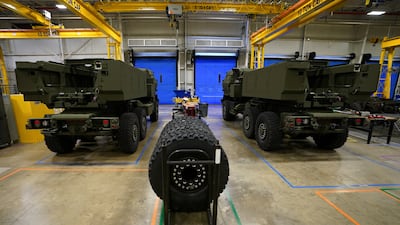 High Mobility Artillery Rocket System (Himars) missile launcher vehicles on an assembly line in Camden, Arkansas. Reuters