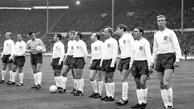 From leftt: Bobby Moore (captain); George Cohen, Gordon Banks; Ian Callaghan; Roger Hunt; Ray Wilson; Nobby Stiles; Bobby Charlton; Martin Peters; Jimmy Greaves and Jackie Charlton before the 1966 World Cup match against France. PA
