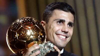 Manchester City and Spain midfielder Rodri wins the men's Ballon d'Or 2024 at the Theatre du Chatelet in Paris on October 28. EPA