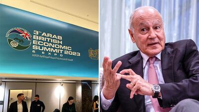 Ahmed Aboul Gheit, right, on Monday told the western world to 'wake up' to the war in Gaza, at the Arab-British Economic Summit in London. Matthew Davies and Victor Besa / The National