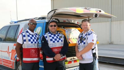Bradley Jones, National Ambulance Operations Manager in the Northern Emirates and paramedic, Mowafaq Al Omoush, Team Leader and EMT with Jason Coyne, Operations Manager in Northern Emirates and paramedic.Courtesy National Ambulance