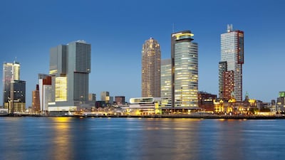 Rotterdam’s rebuilt waterfront, levelled during the Second World War, features a glittering line-up of starchitect-designed high-rises. Courtesy Rotterdam Partners