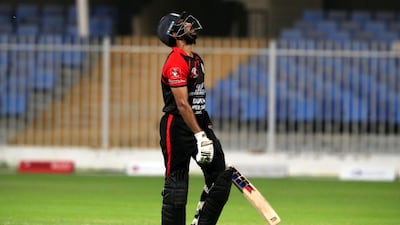 Bukhatir's CP Rizwan walks off after being caught. Bukhatir League second semifinal. Bukhatir XI v Atlas Foundation. Chris Whiteoak / The National
