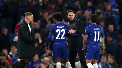 Frank Lampard shakes hands with Willian after Chelsea's League Cup match against Derby County last season. Getty Images