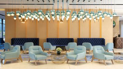 The relaxing lobby lounge and sea-scape chandelier.