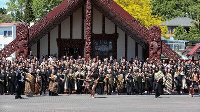 Prince Harry and Meghan receive a traditional Mori Ceremonial Welcome at the Tamatekapua meeting house, at Te Papaiouru Marae in Rotorua. Getty Images