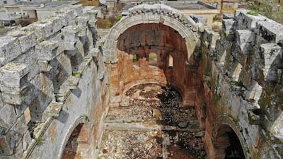 An aerial view shows the 5th century basilica in Qalb Loze village in northwestern Syria. AFP