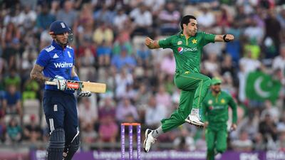 Umar Gul of Pakistan celebrates after dismissing Alex Hales of England during a one-day international at the Ageas Bowl on August 24, 2016. Getty