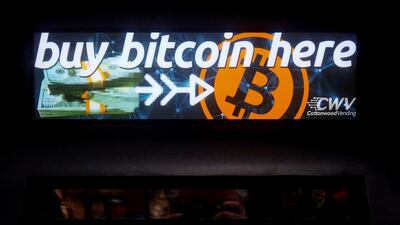 A Bitcoin ATM sign in the Manhattan borough of New York City. The price of Bitcoin has surged past $60,000. Reuters