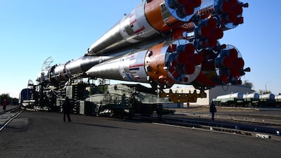 The Soyuz-2. 1a booster rocket with Soyuz MS-19 spacecraft is being rolled out to the launch pad by train at the Baikonur Cosmodrome, Kazakhstan. EPA