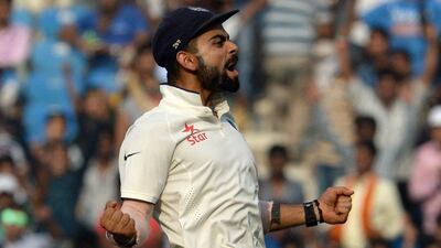 India captain Virat Kohli celebrates after winning the third Test against South Africa in Nagpur on Friday. Indranil Mukherjee / AFP / November 27, 2015