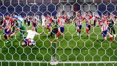 Atletico Madrid's team celebrates after winning the UEFA Europa League final between Olympique Marseille and Atletico Madrid in Lyon, France, on May 16, 2018. Guillaume Horcajuelo / EPA