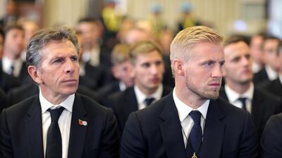 Leicester City's manager Claude Puel and captain Kasper Schmeichel attend a funeral rite of the club's late owner Vichai Srivaddhanaprabha. EPA