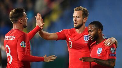 Raheem Sterling, right, with Harry Kane and Jordan Henderson at the Vassil Levski Stadium. EPA