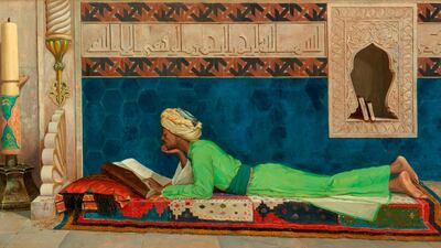 A Young Emir Studying: An oil on canvas by the Turkish painter Osman Hamdi Bey from 1878. Bey was a prolific painter and also director of the Academy of Fine Arts, which provided Ottomans with training in aesthetics and artistic techniques. Courtesy Louvr???