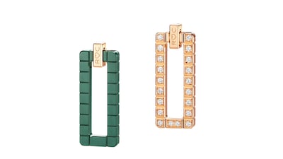 Earrings in 18K rose gold and green ceramic. Reference number for polished version: 829901-9002; reference number for earrings set with diamonds, pictured here: 829901-9003
