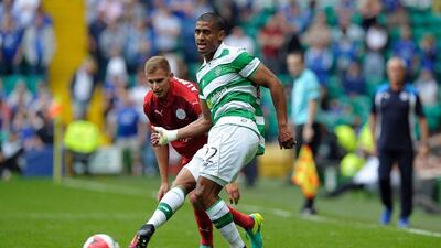 Leicester City midfielder Marc Albrighton vies with Celtic defender Saidy Janko (R) during the International Champions Cup football match between Scottish Premiership champions Celtic and English Premier League champions Leicester City at Celtic Park in Glasgow, Scotland on July 23, 2016. Andy Buchanan / AFP
