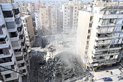 A building hit by an overnight Israeli air strike in the Dahieh district in southern Beirut. EPA