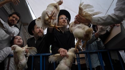 Ultra-Orthodox Jewish men buy chickens to perform the Kaparot ritual in Bnei Brak near Tel Aviv, Israel. Observant Jews believe the ritual transfers one's sins from the past year into the chicken. AP