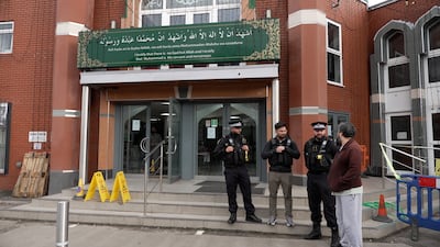 Police at Manchester Central Mosque after a man entered carrying weapons including an axe in February 2026. Getty Images