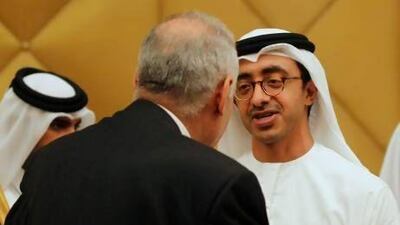 Sheikh Abdullah bin Zayed, Minister of Foreign Affairs, with his Egyptian counterpart, Mohamed Kamel Amr, during the Arab Peace Initiative Committee Meeting in Doha on Saturday. The UAE adopts a stable, diplomatic approach to regional and global issues, including in its own dispute with Iran over three islands. Mohammed Dabbous / Reuters