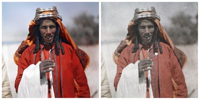 A Bedouin chieftain in front of the camp of General Djaafar Pasha taken by Paul Castelnau on March 9, 1918 in Ma'an, Jordan. Albert Kahn Collection, Paul Castelnau, BabelColour