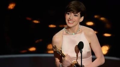 Best Supporting Actress winner Anne Hathaway addresses the audience onstage at the 85th Annual Academy Awards on February 24, 2013 in Hollywood, California. Robyn Beck / AFP