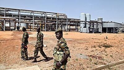Soldiers patrol an oil facility in Paloug, Upper Nile state, South Sudan, Jan 27.