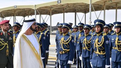 After the UAE National Anthem, Sheikh Mohammed inspected the cadets. Wam