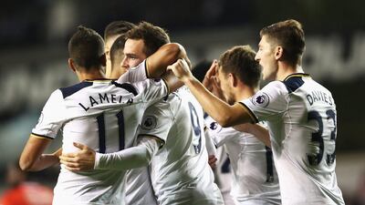 Vincent Janssen of Tottenham Hotspur celebrates scoring his side’s third goal. Julian Finney / Getty Images
