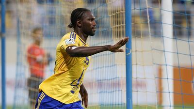 Makhete Diop of Al Dhafra celebrates scoring a goal during the Presidents Cup quater final football match between Al Dhafra and Ajman, at Hamdan bin Zayed Al Nahyan Stadium. 24 May 2015. Photo: Mostafa Reda/Al Ittihad
