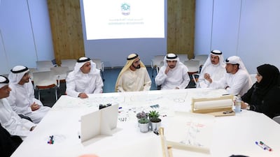 Sheikh Mohammad, Sheikh Hamdan, Sheikh Saif and Mohammed Al Gergawi are briefed on work plans and challenges. Wam