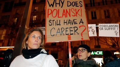 Feminist groups attend a protest against film director Roman Polanski near the venue for the Cesar Awards ceremony in Paris, France, on Friday, February 28. Reuters