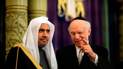 Conscience Foundation President and Founder Rabbi Arthur Schneier (R) and Muslim World League Secretary General Mohammad Abdulkarim Al-Issa speak during an event before signing an agreement calling for the 'protection of religious sites across the world' on April 29, 2019 in the Park East Synagogue in New York City. AFP
